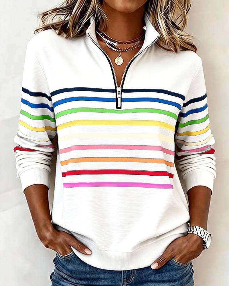Mode Sweatshirt with Half Zip and Rainbow Stripes