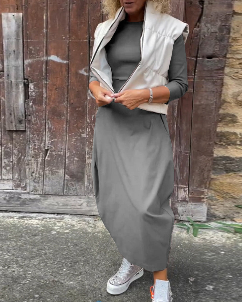 Simple Solid Color Long Sleeved Dress with Pockets