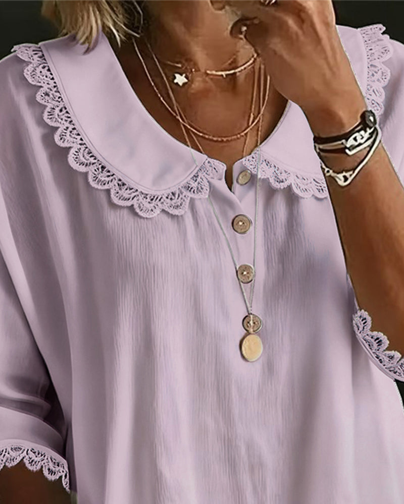 Blouse with Lace Insert Peter Pan Collar