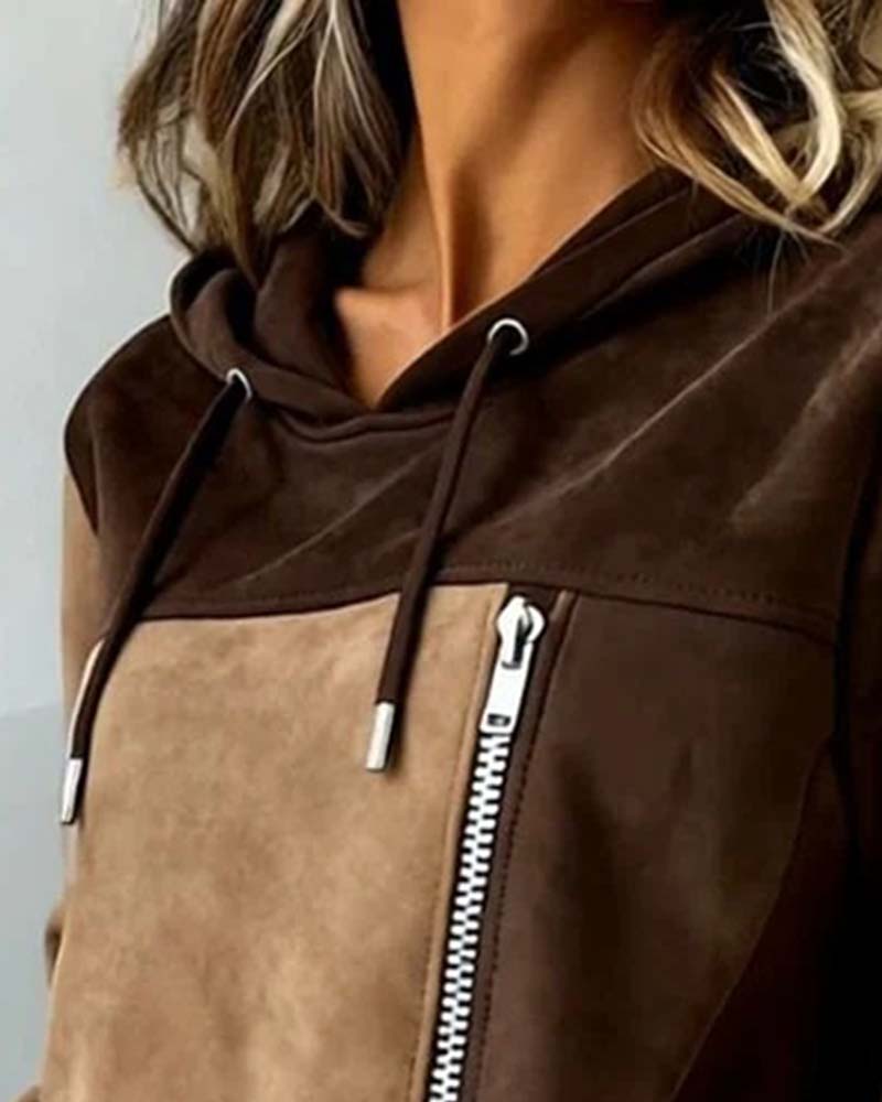 Hoodie with Hood Drawstring Contrast Zipper