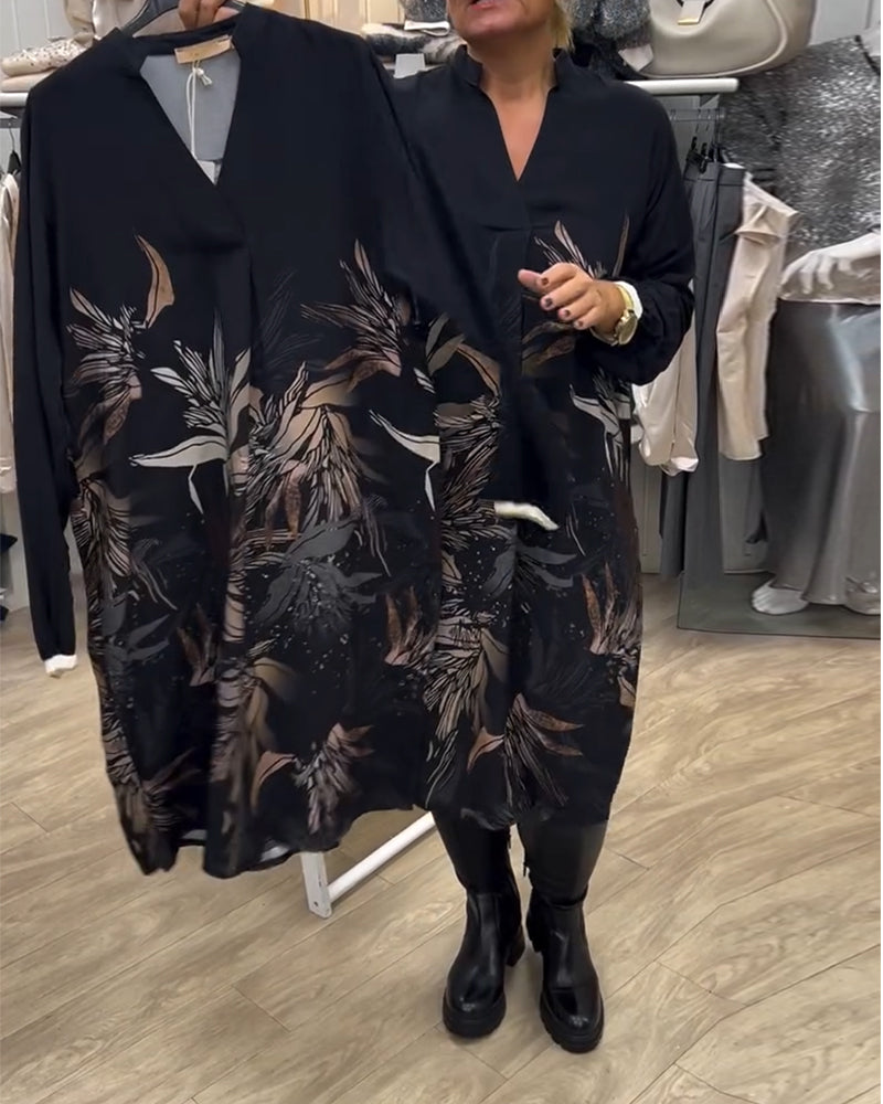 Dress V-neck Leaf Print Long Sleeve
