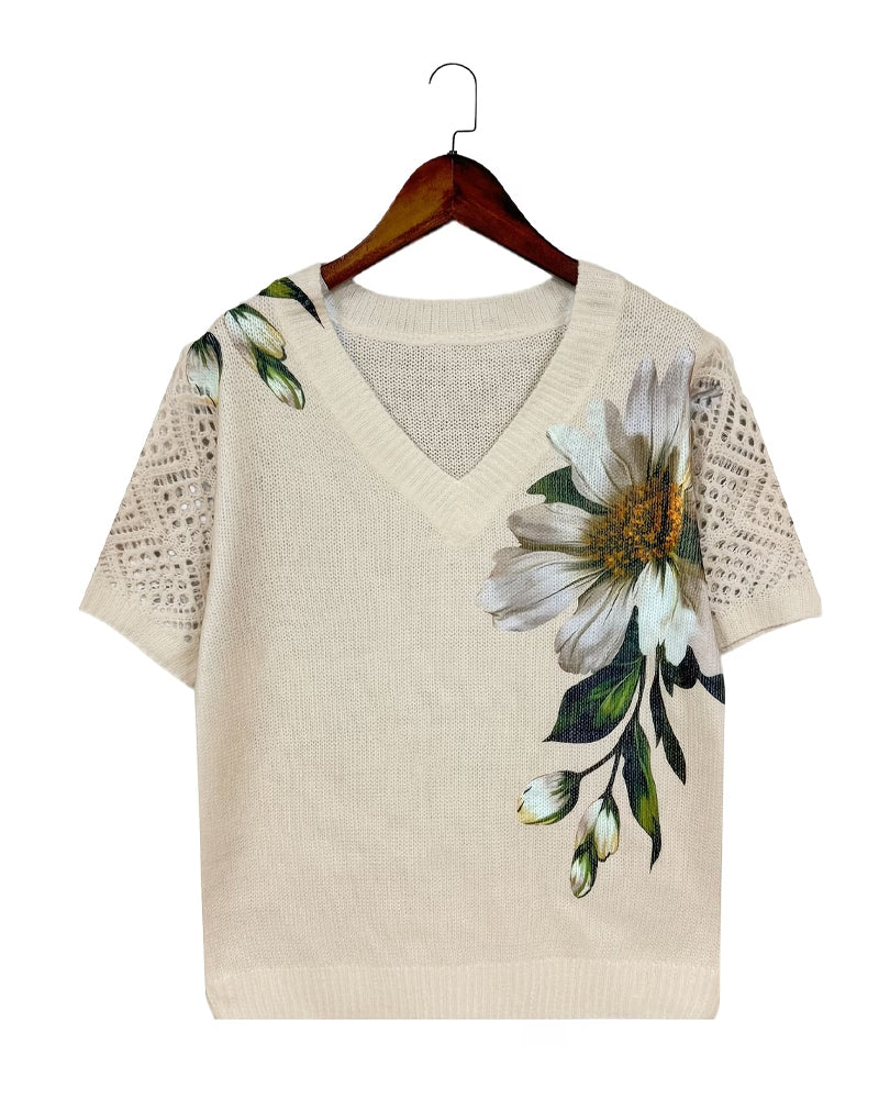Floral Knit V-Neck Pullover