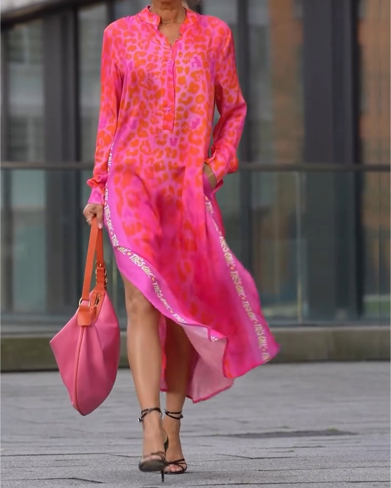 Dress Long Sleeve Leopard Print Split