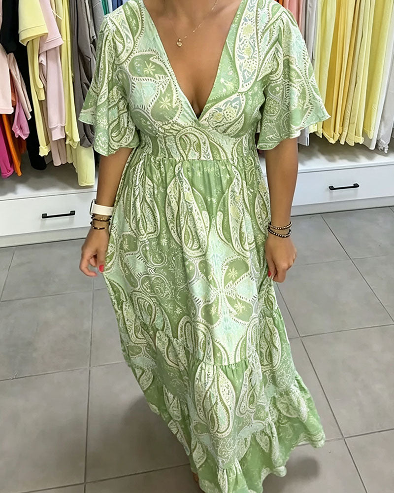 V-Neck Ruffled Printed Dress