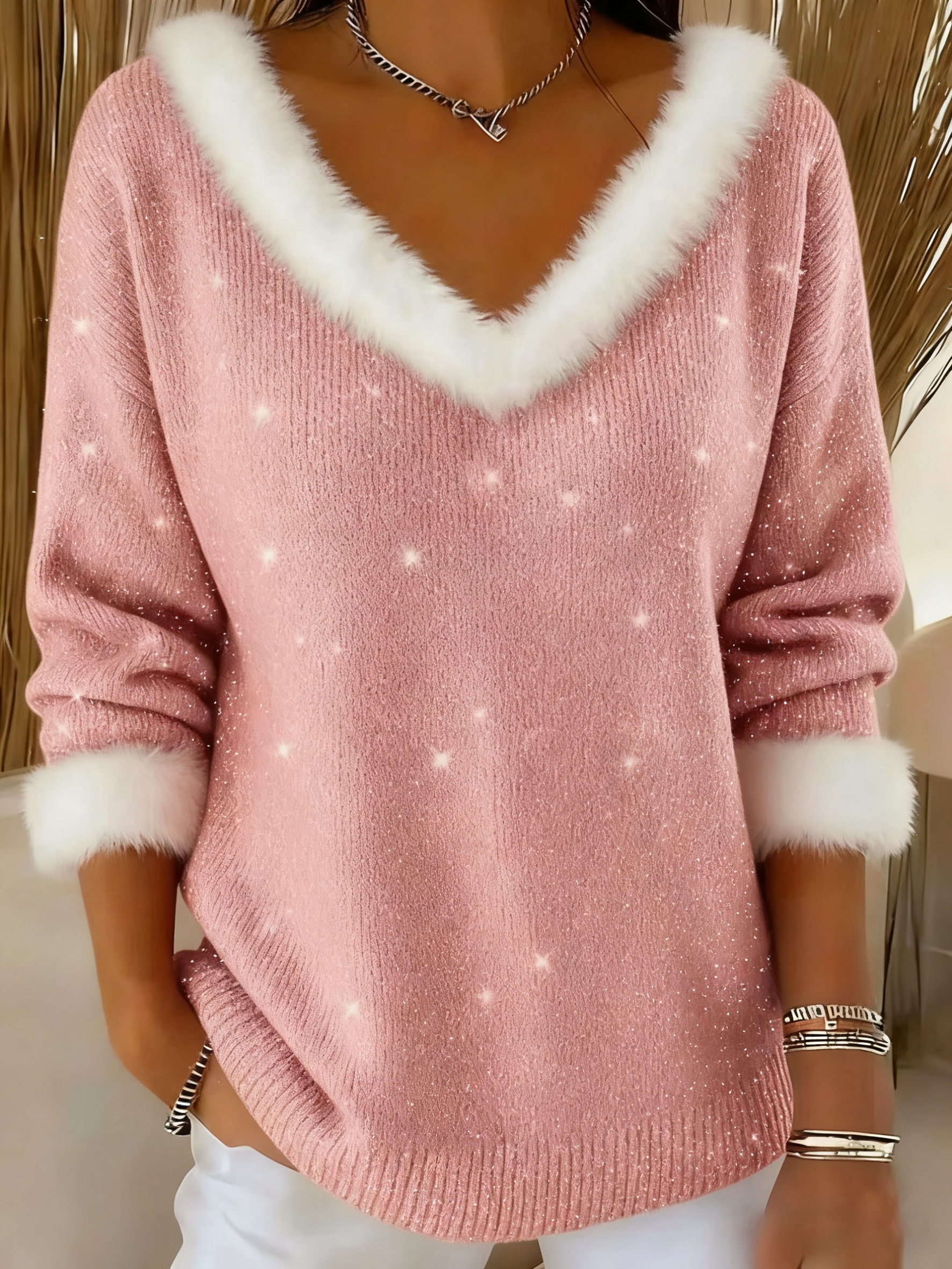 Women's Rabbit Fur Sweater with V-Neck, Festive