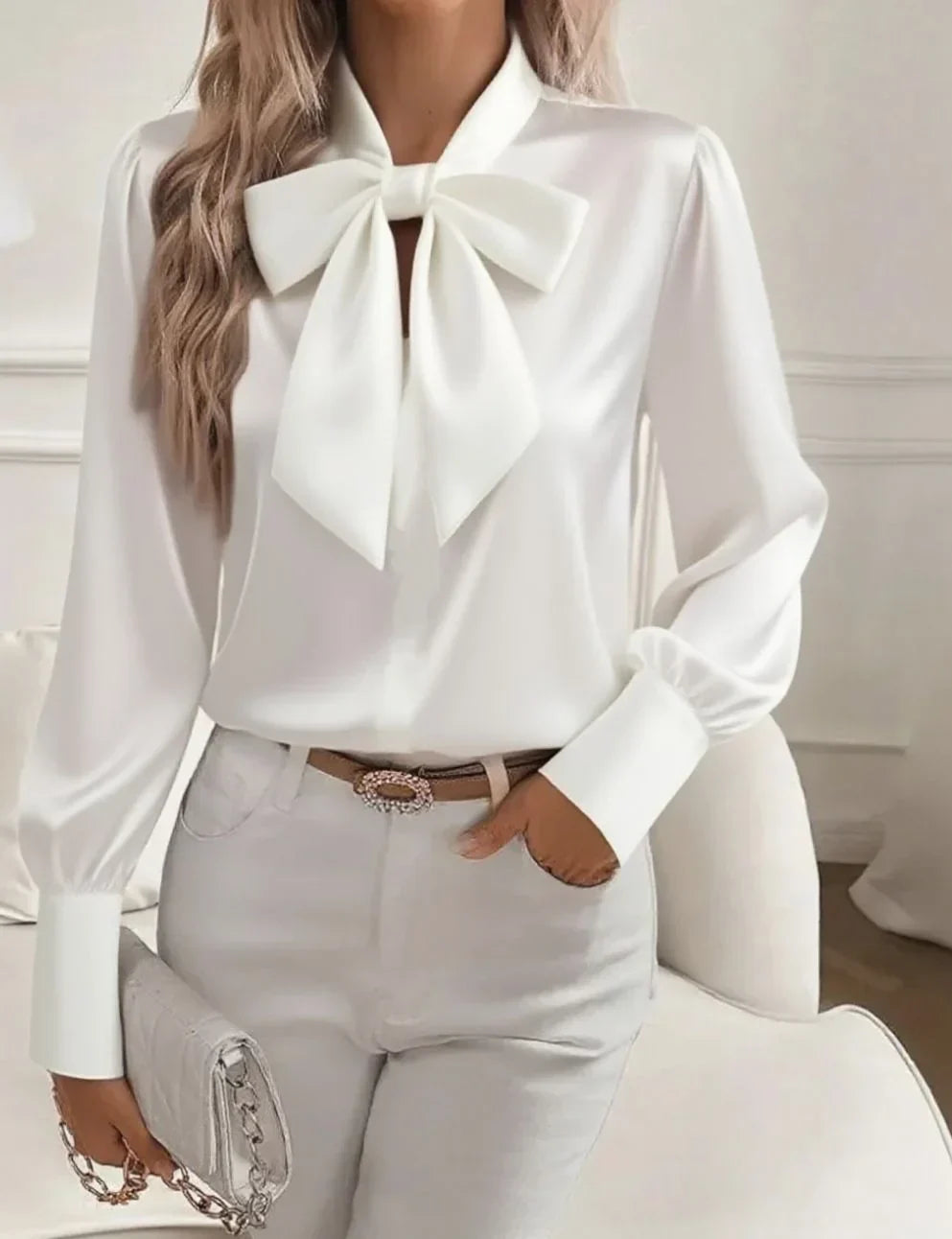 Nariyah | Satin Blouse with Long Sleeves and Bow