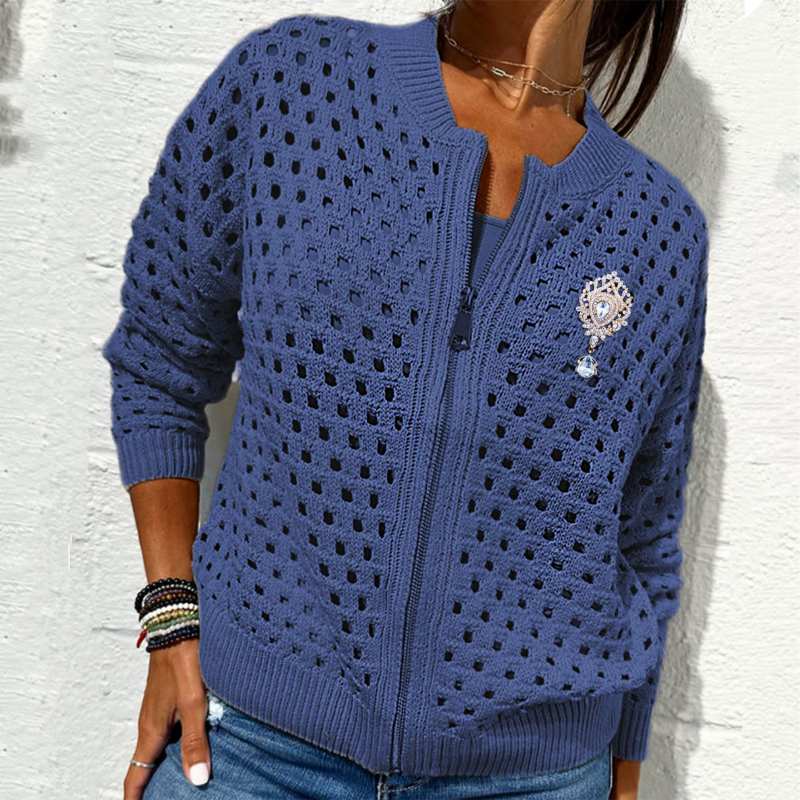 Casual Zip-Up Cardigan for Women with Hollow Design