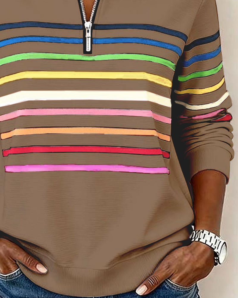 Mode Sweatshirt with Half Zip and Rainbow Stripes