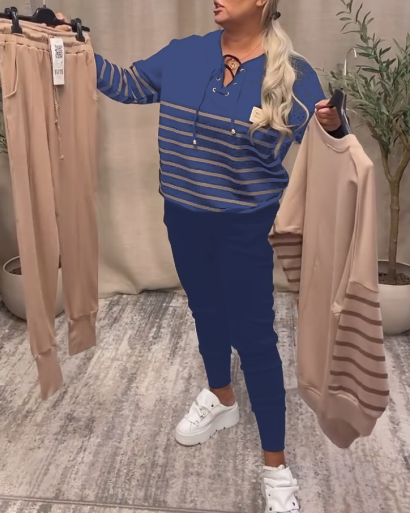 Casual Striped Sports Set with Relaxed Ankle Pants