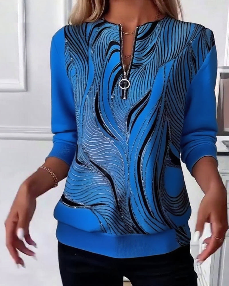 Casual Zip Print Sweatshirt