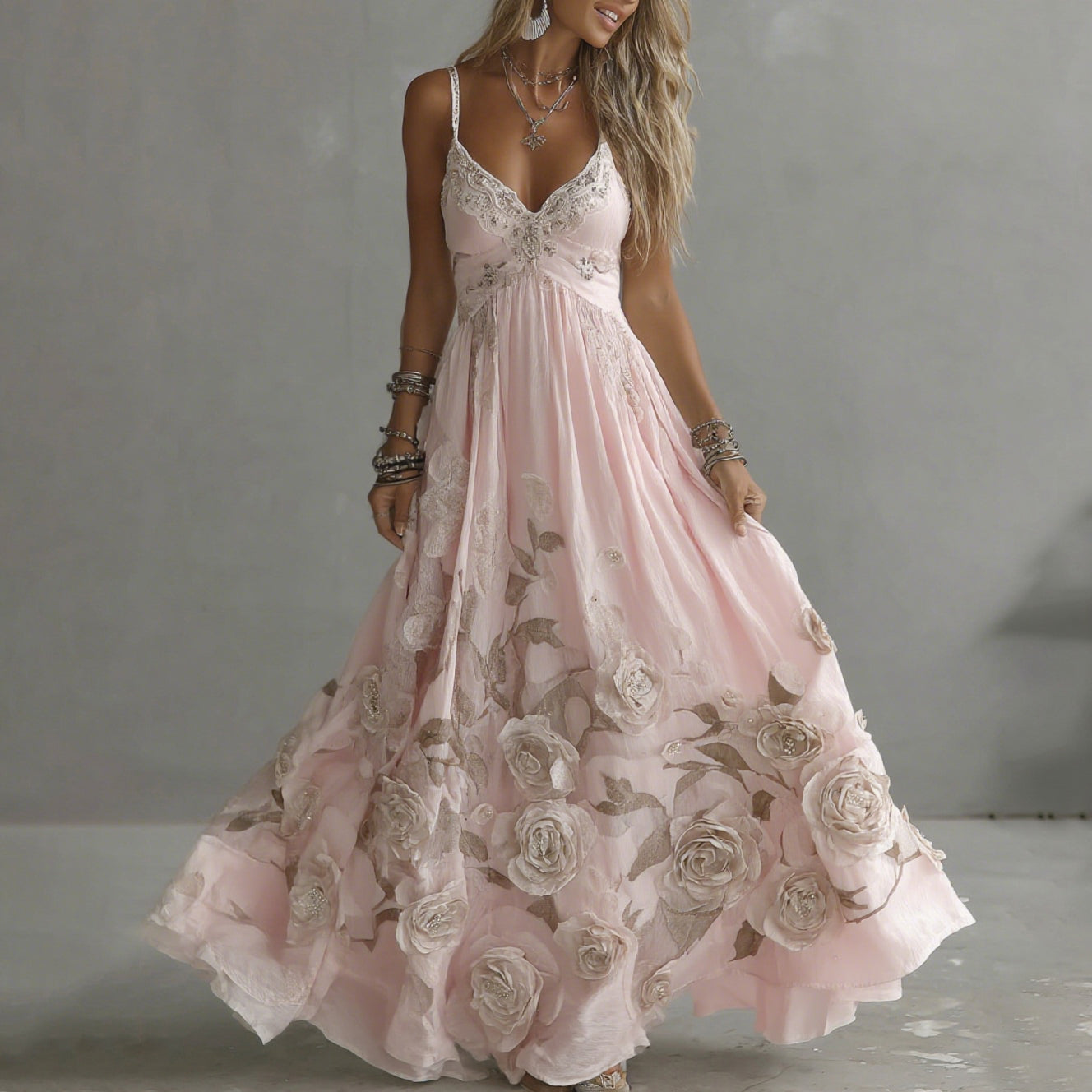 Adeluna | Long Dress with Vintage Rose and Embroidery