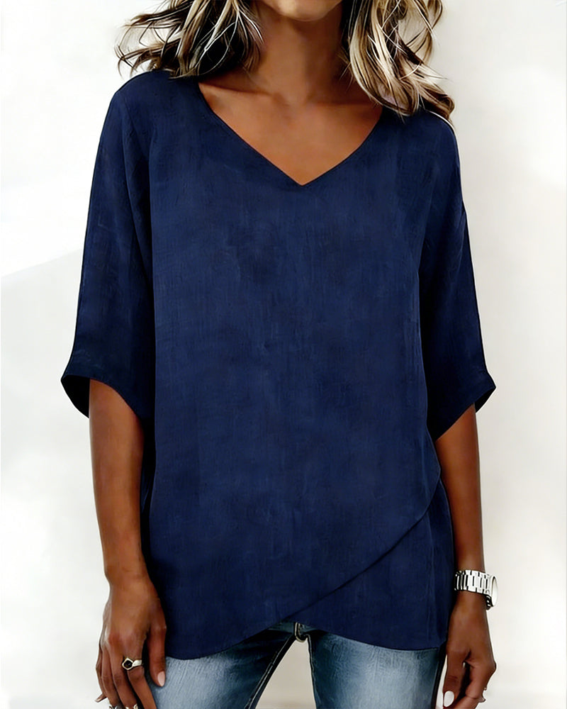 Irregular Hem Top Solid Color V Neck