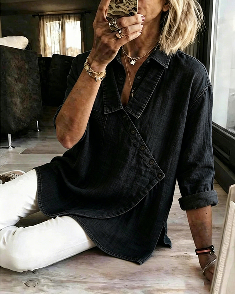 Solid Color Diagonal Button Collar Long Sleeve Blouse
