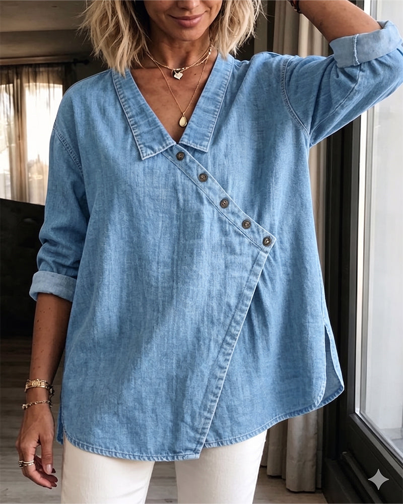 Solid Color Diagonal Button Collar Long Sleeve Blouse