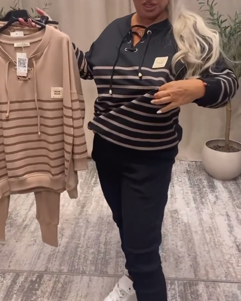 Casual Striped Sports Set with Relaxed Ankle Pants