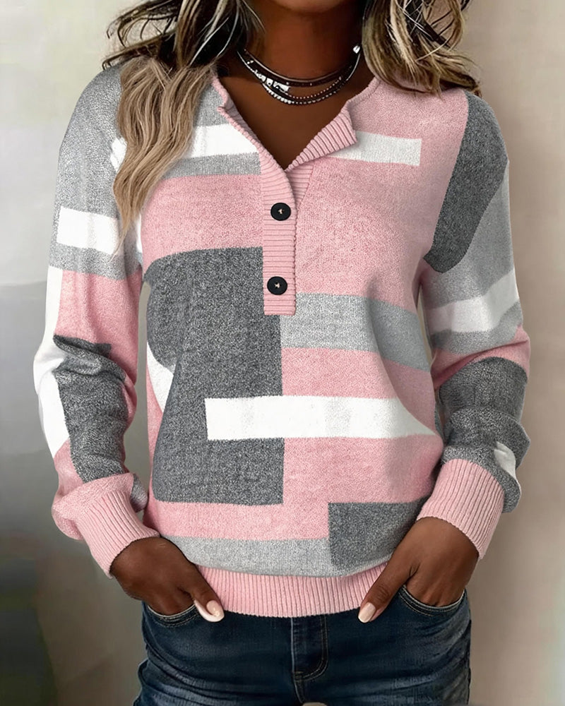 Checkered Sweater with Buttons in Front Long Sleeve