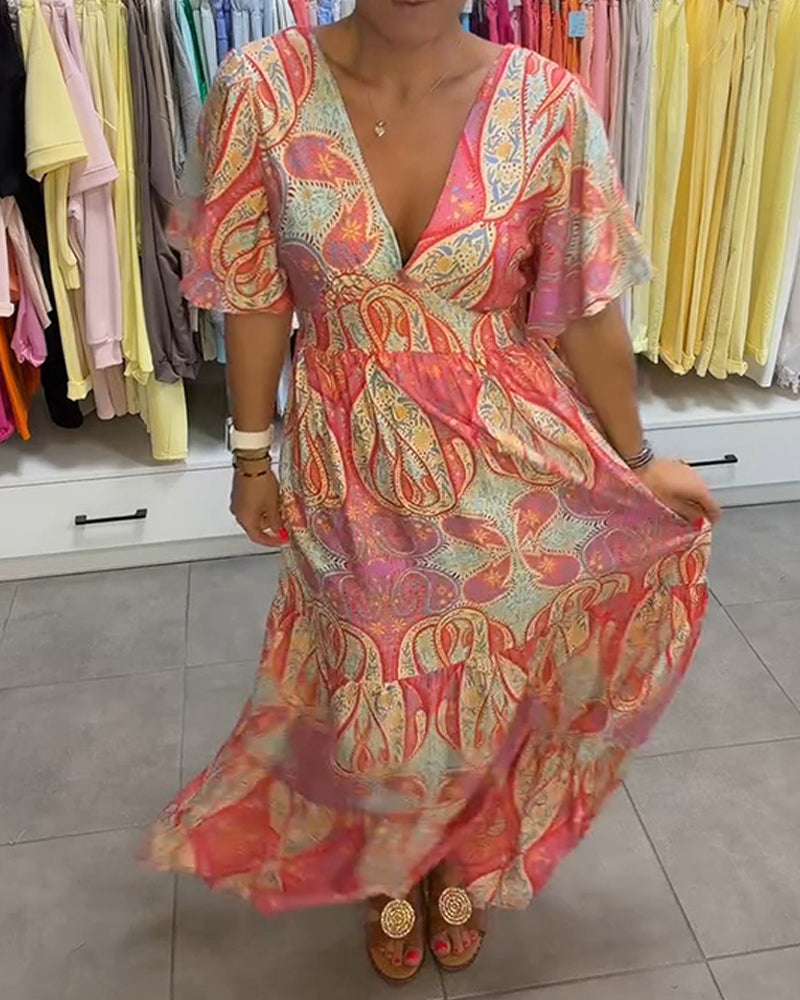 V-Neck Ruffled Printed Dress