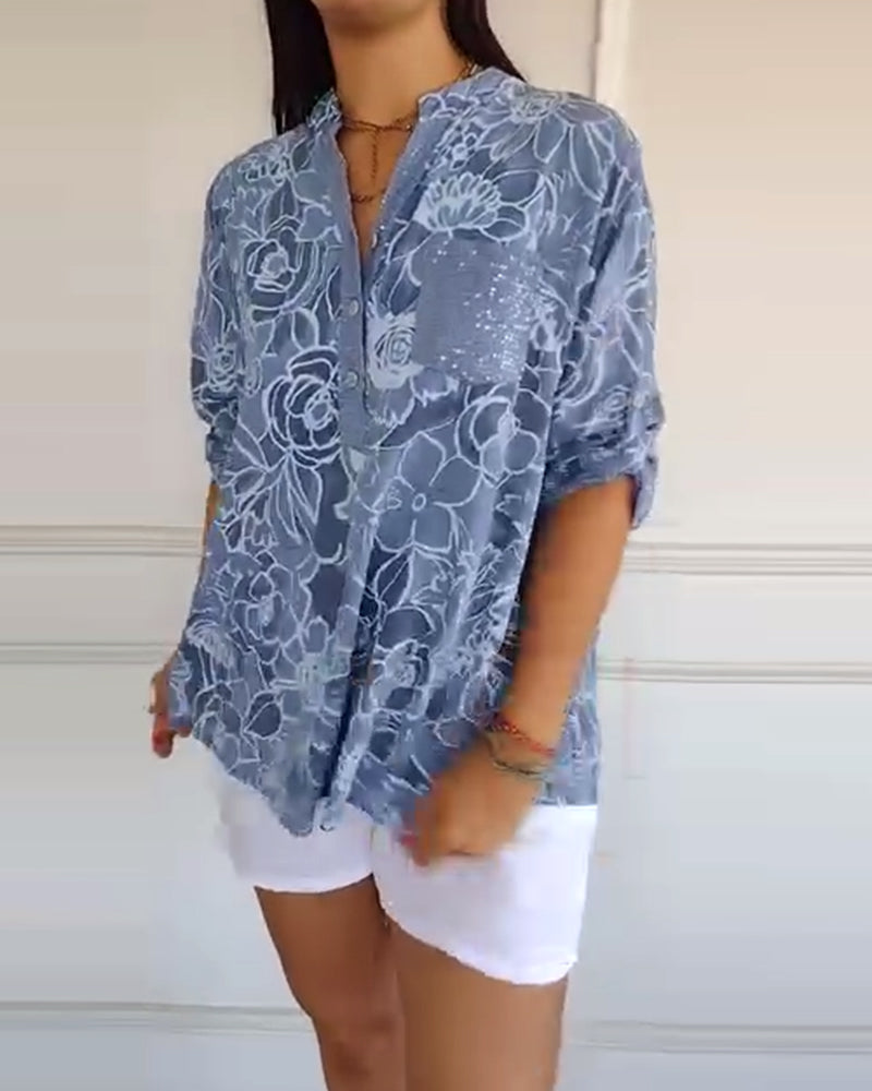 Kelya | Loose Floral Print Blouse with Glitter Details