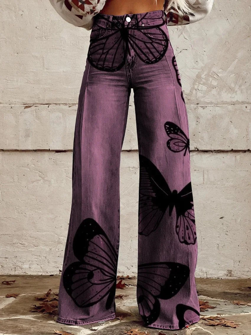 Gemma | Butterfly Print Wide-Leg Denim Pants