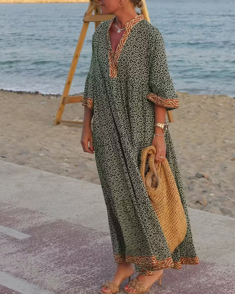 V-Neck Three Quarter Sleeve Printed Vacation Dress