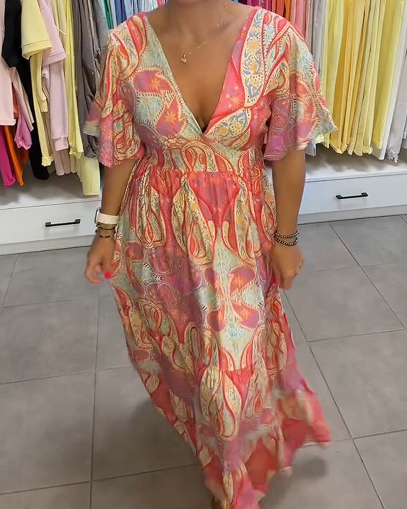 V-Neck Ruffled Printed Dress
