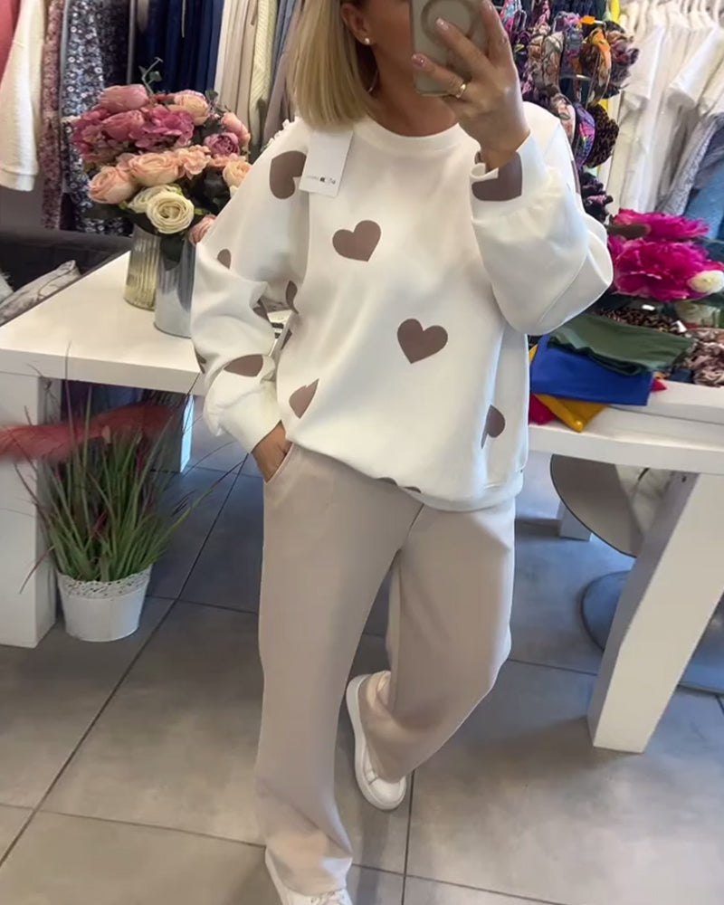 Casual Heart Printed Two-Piece Set