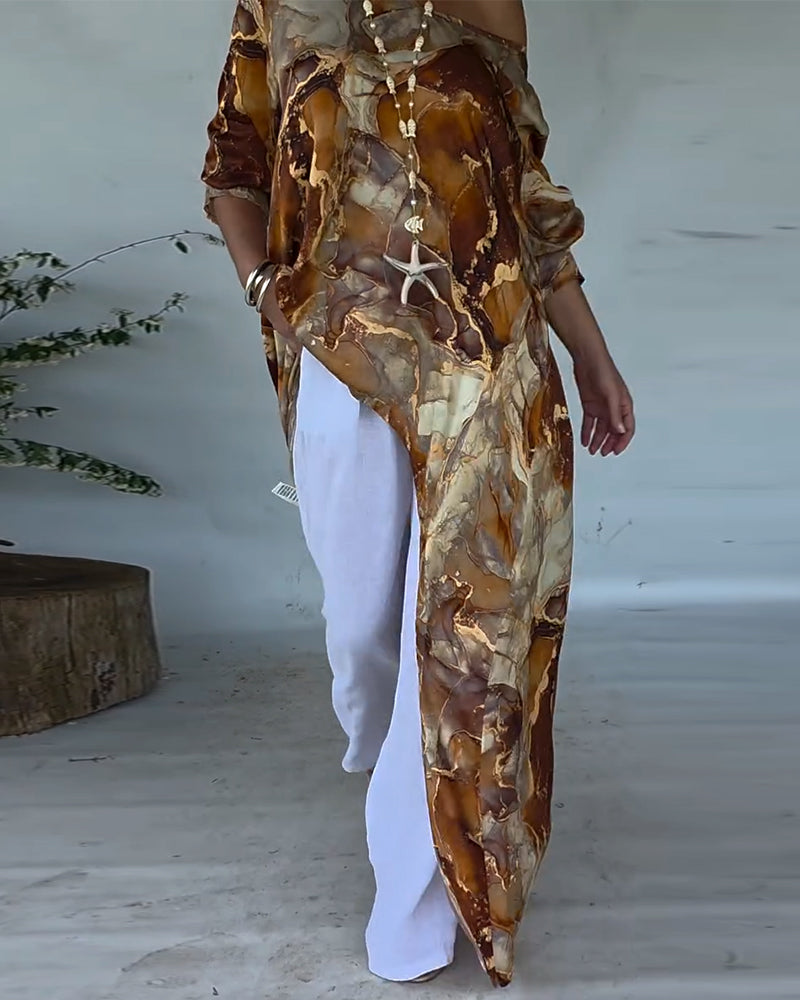 Trendy Printed Split Blouse