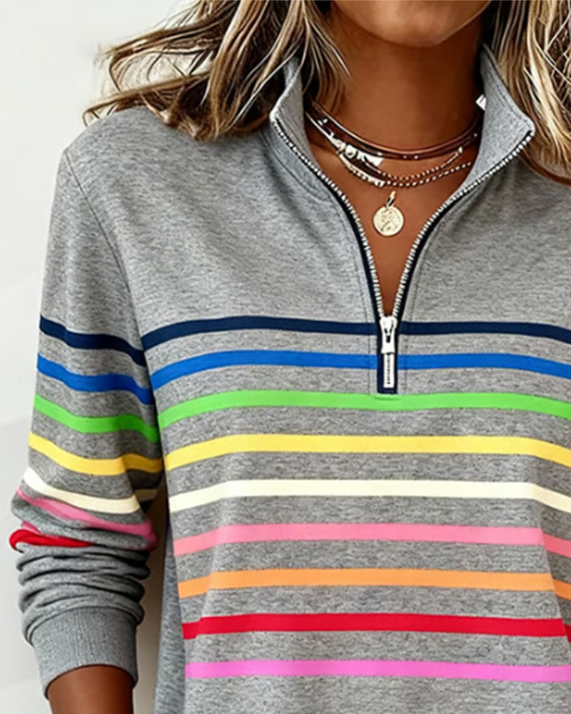 Mode Sweatshirt with Half Zip and Rainbow Stripes