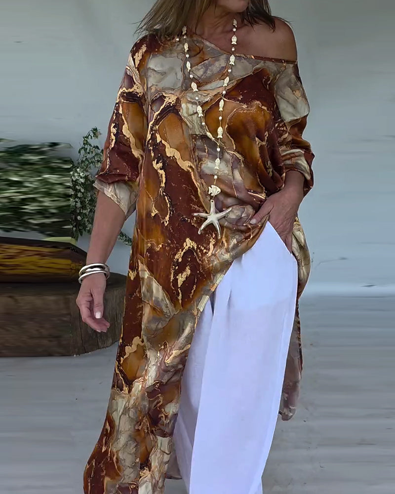 Trendy Printed Split Blouse