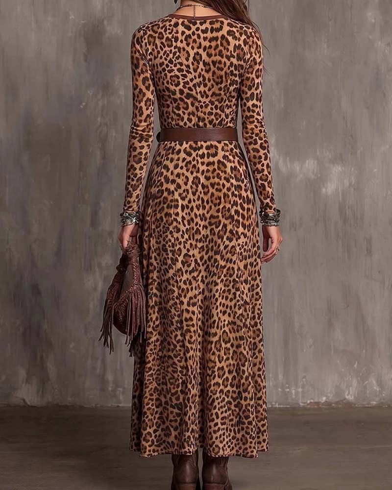 Leopard Print V-Neck Dress with Slit