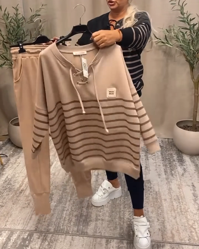 Casual Striped Sports Set with Relaxed Ankle Pants
