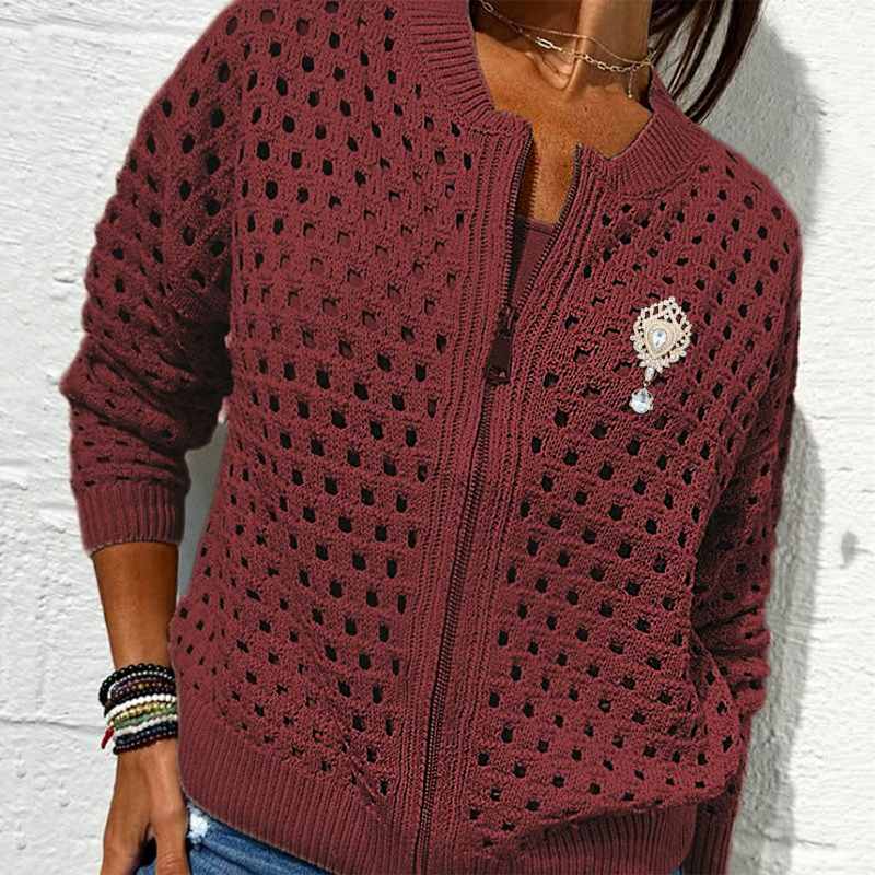Casual Zip-Up Cardigan for Women with Hollow Design