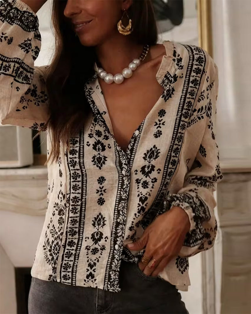 Elegant Floral Printed Blouse Long Sleeves