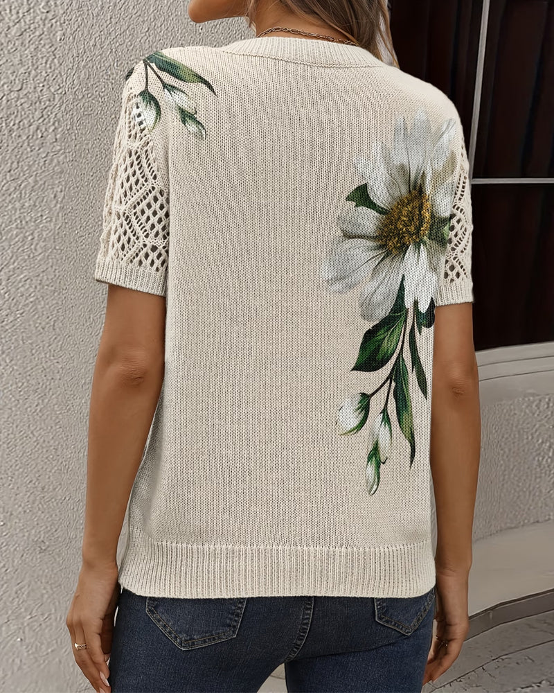 Floral Knit V-Neck Pullover