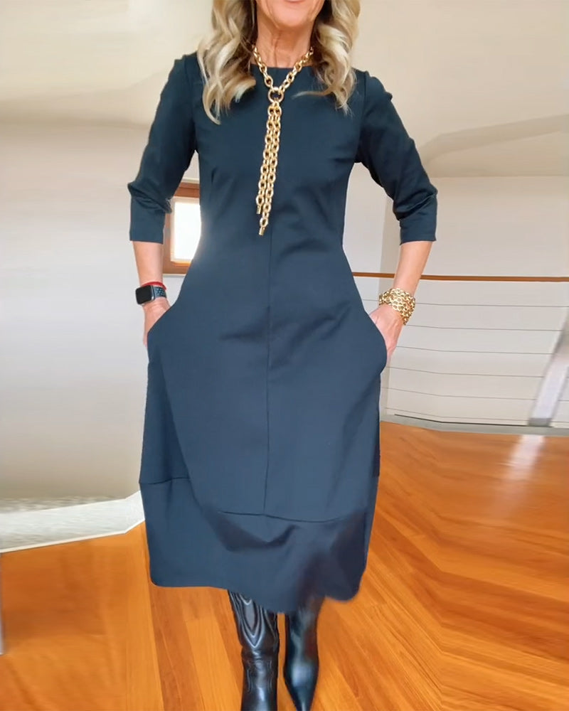 Elegant Solid Color Dress with Pocket and Round Collar