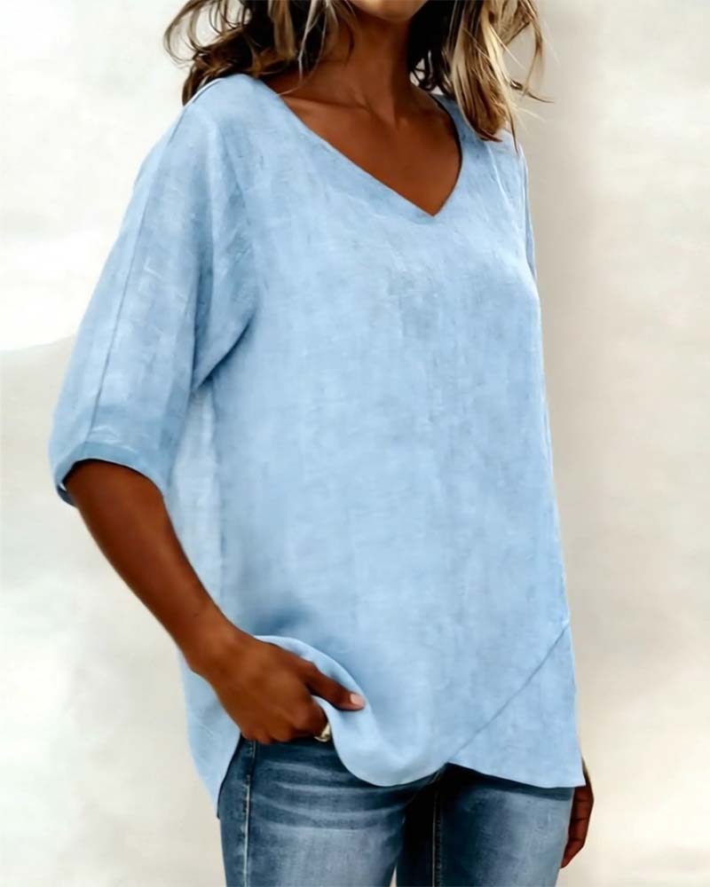 Irregular Hem Top Solid Color V Neck