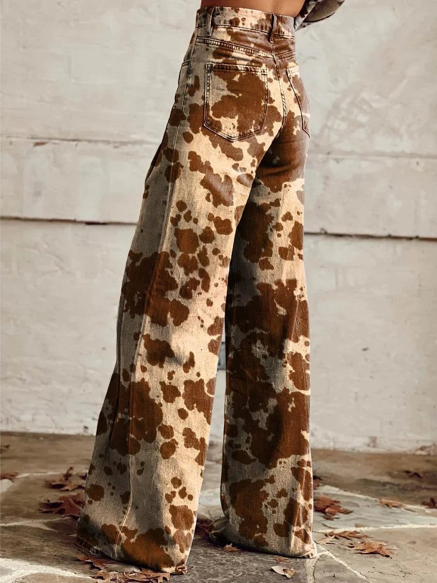 Jessica | Trendy Cow Print Wide-Leg Jeans