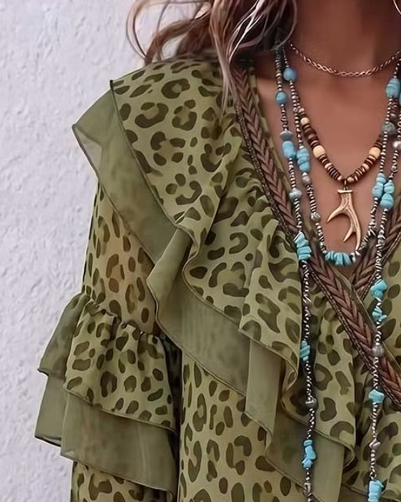 Blouse V-Neck Ruffle Leopard