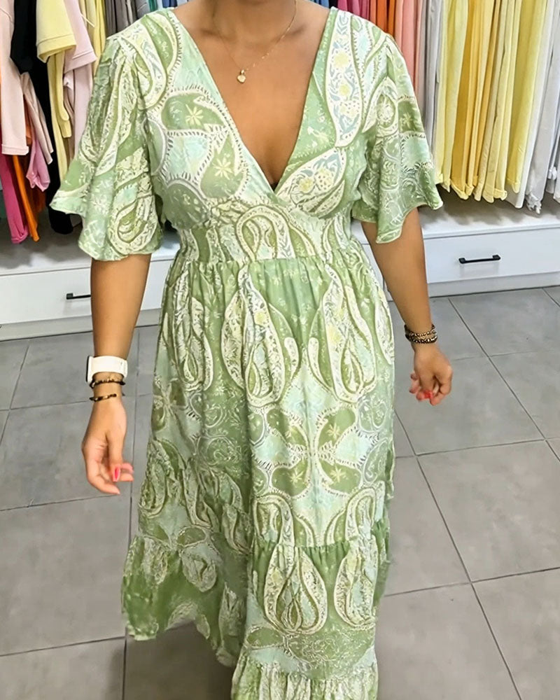 V-Neck Ruffled Printed Dress