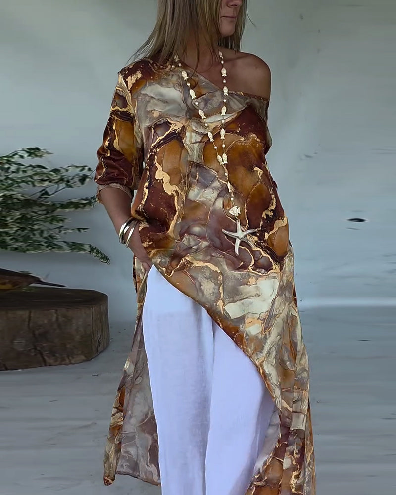 Trendy Printed Split Blouse