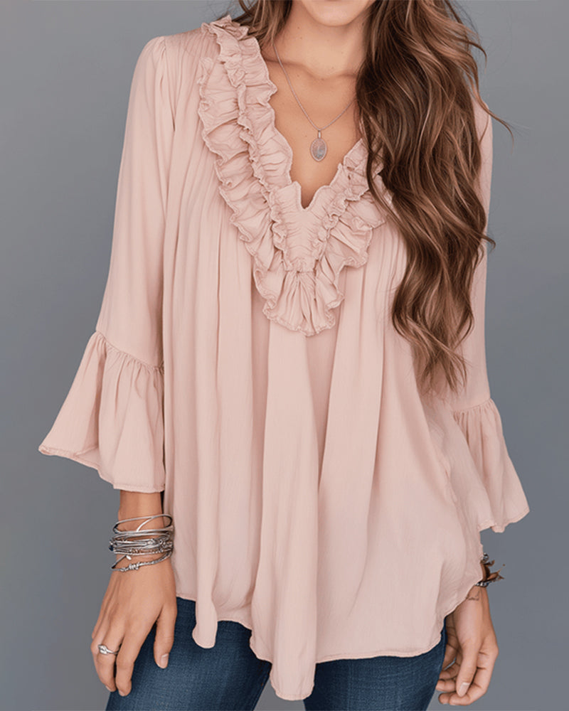 Elegant V-Neck Ruffled Blouse