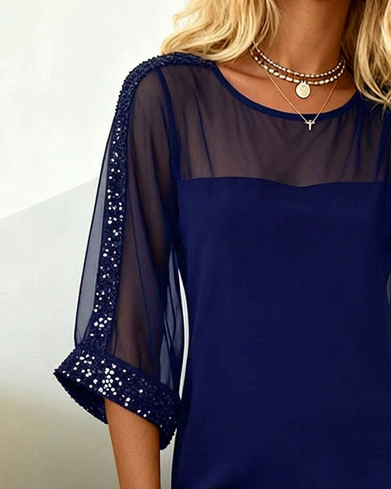 Dress Glitter Paneled Mesh Round Neck