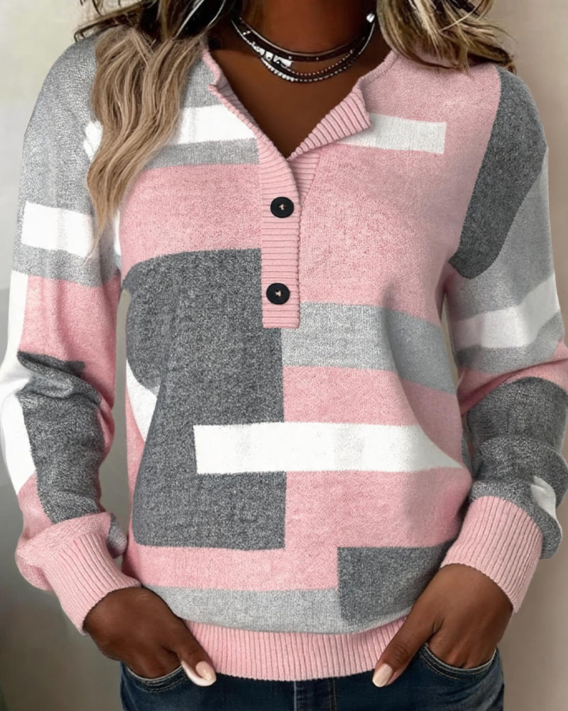 Checkered Sweater with Buttons in Front Long Sleeve