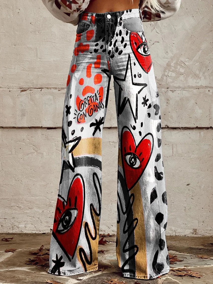 Victoria | Bold Artistic Pattern Wide-Leg Jeans