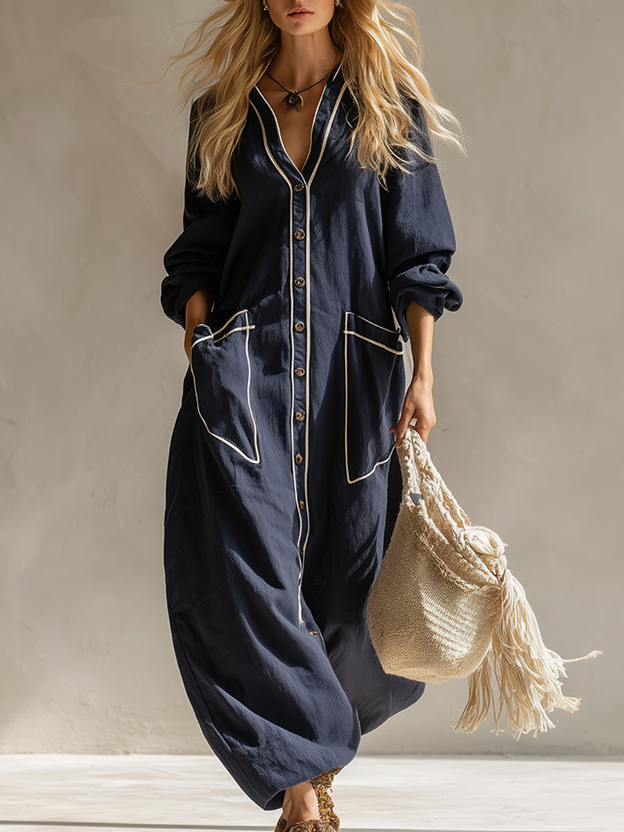 Elegant Urban Style Navy Blue Cotton And Linen Maxi Dress