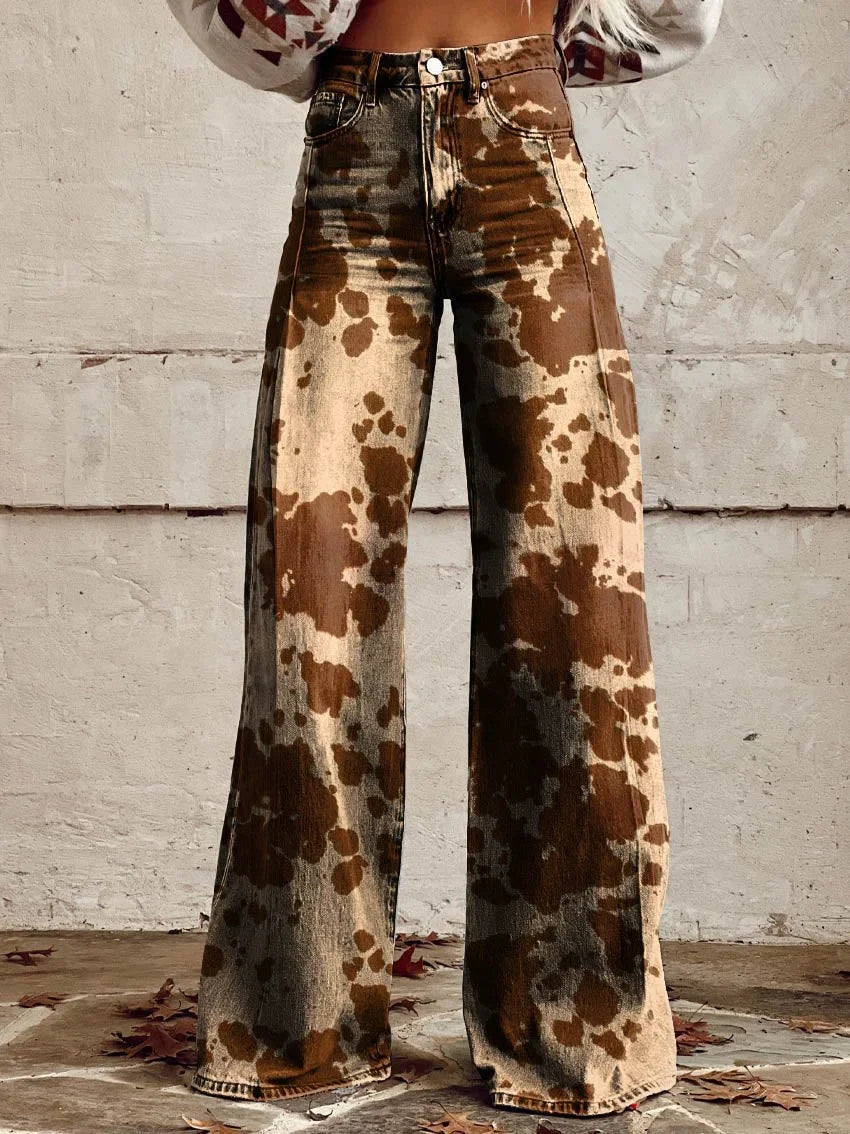 Jessica | Trendy Cow Print Wide-Leg Jeans