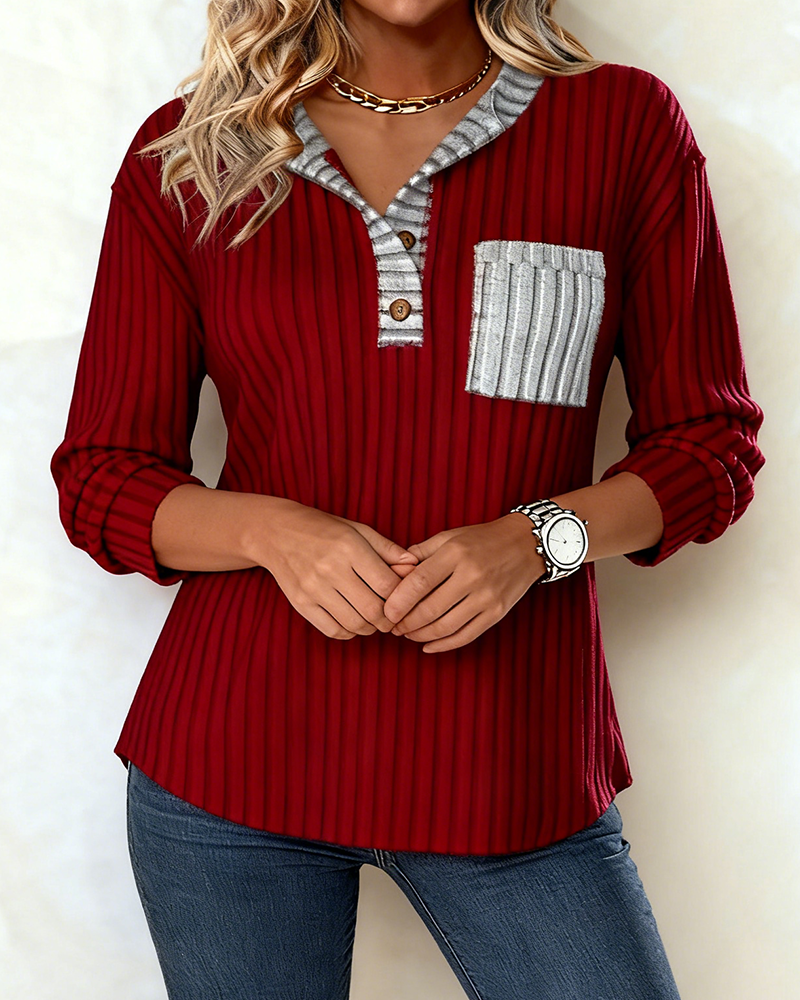 Contrast Color Ribbed Button-Down Sweatshirt