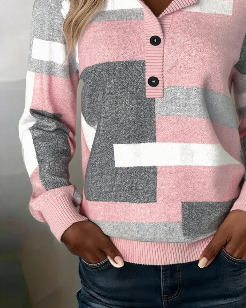 Checkered Sweater with Buttons in Front Long Sleeve