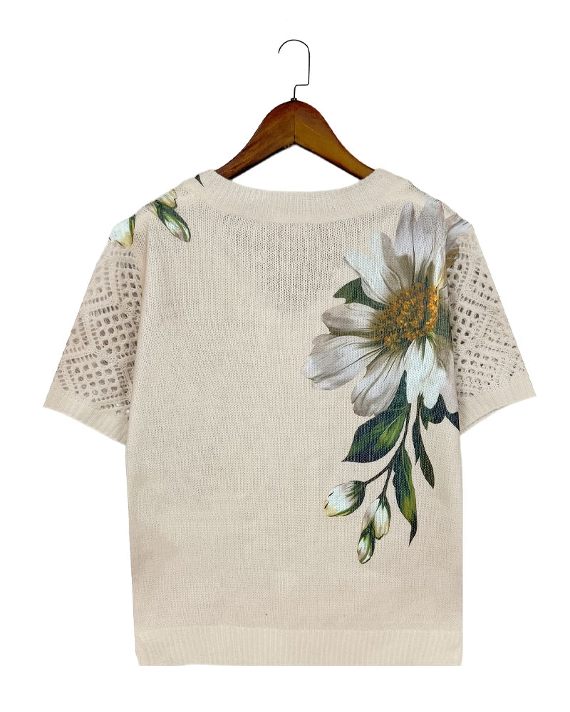 Floral Knit V-Neck Pullover