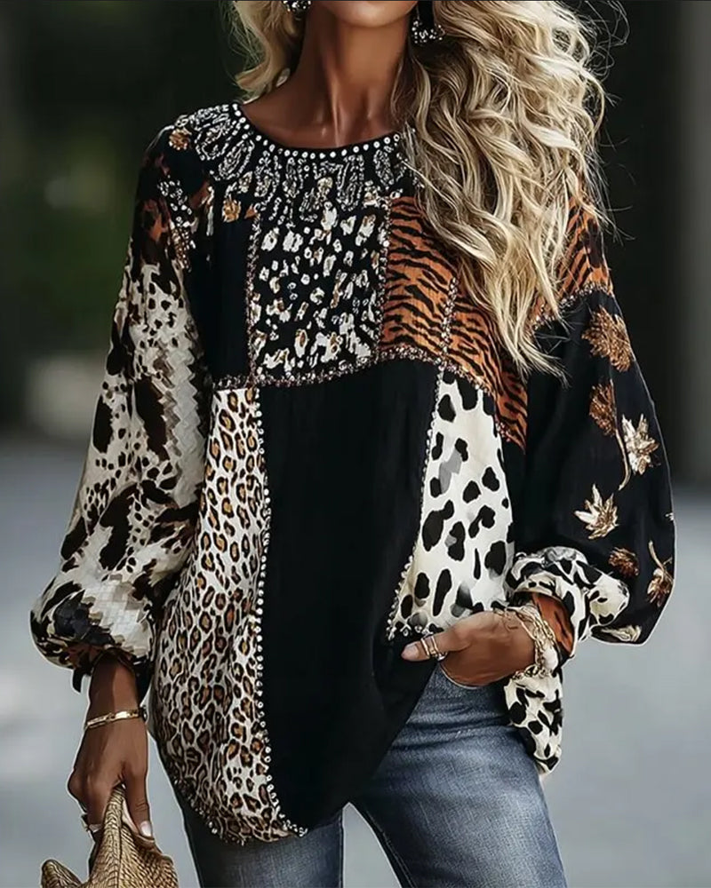 Blouse Round Neck Leopard Tiger Print Contrast